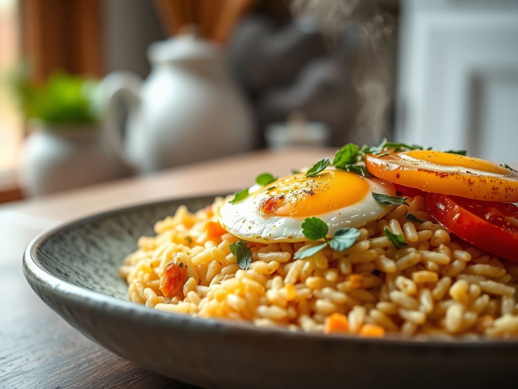 Arroz con huevos y tomate