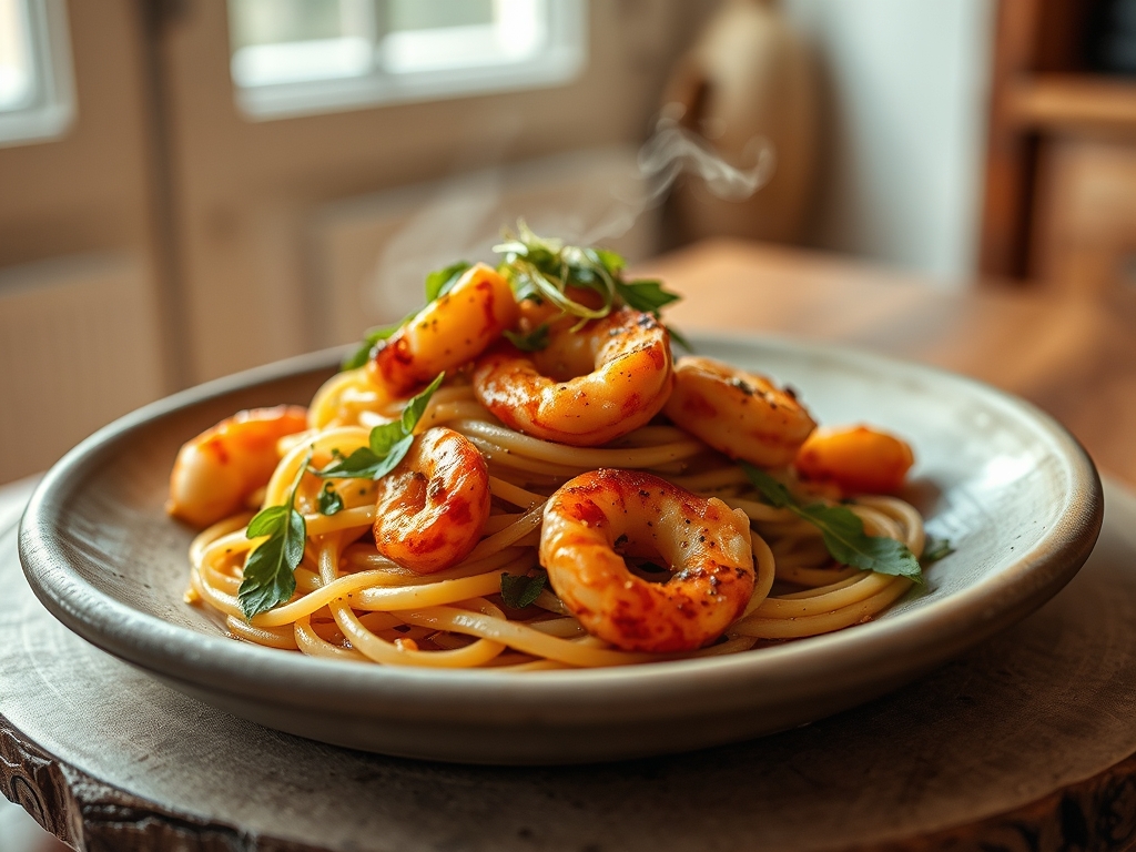 Pasta con calabacín y gambas
