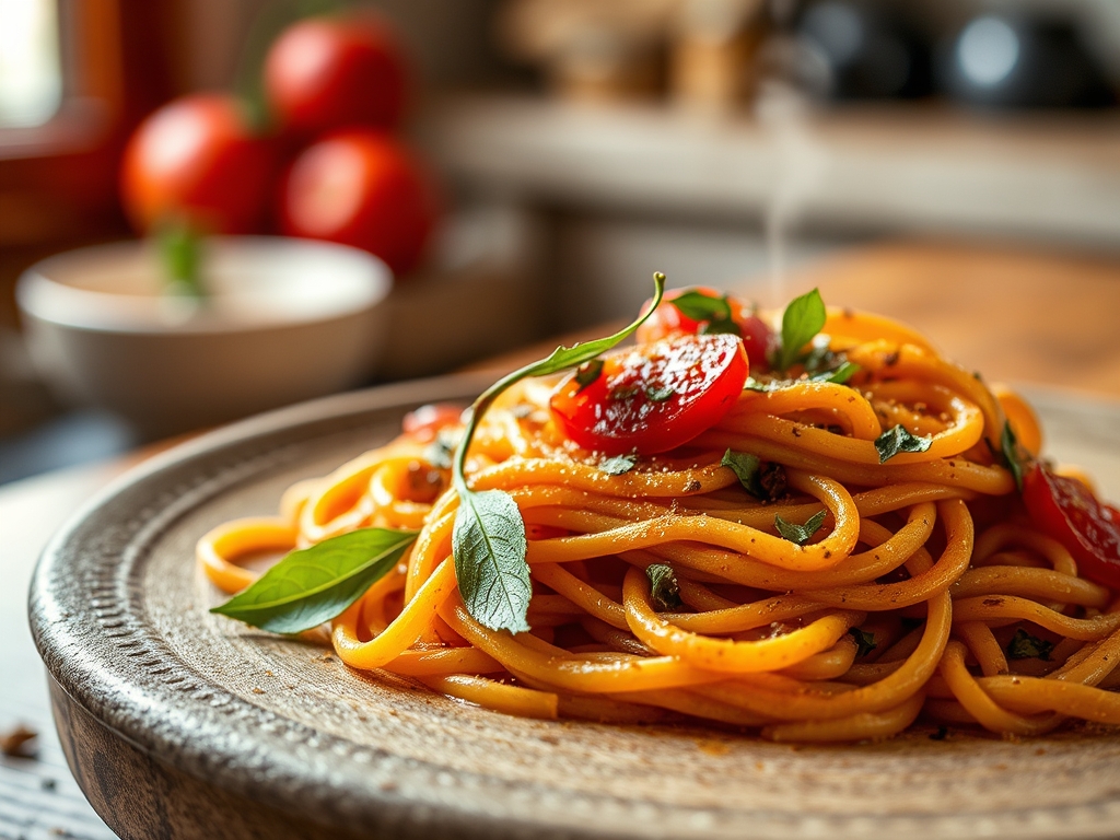 Pasta con tomate cherry y albahaca