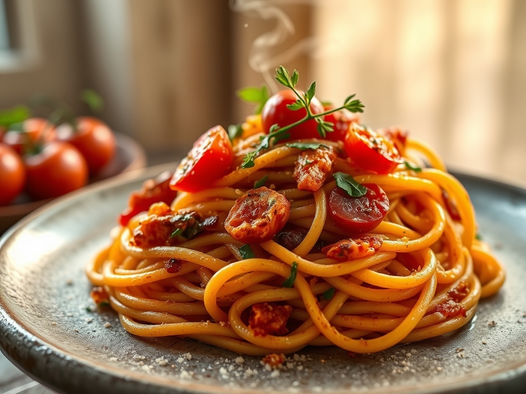 Pasta con atún y tomate cherry